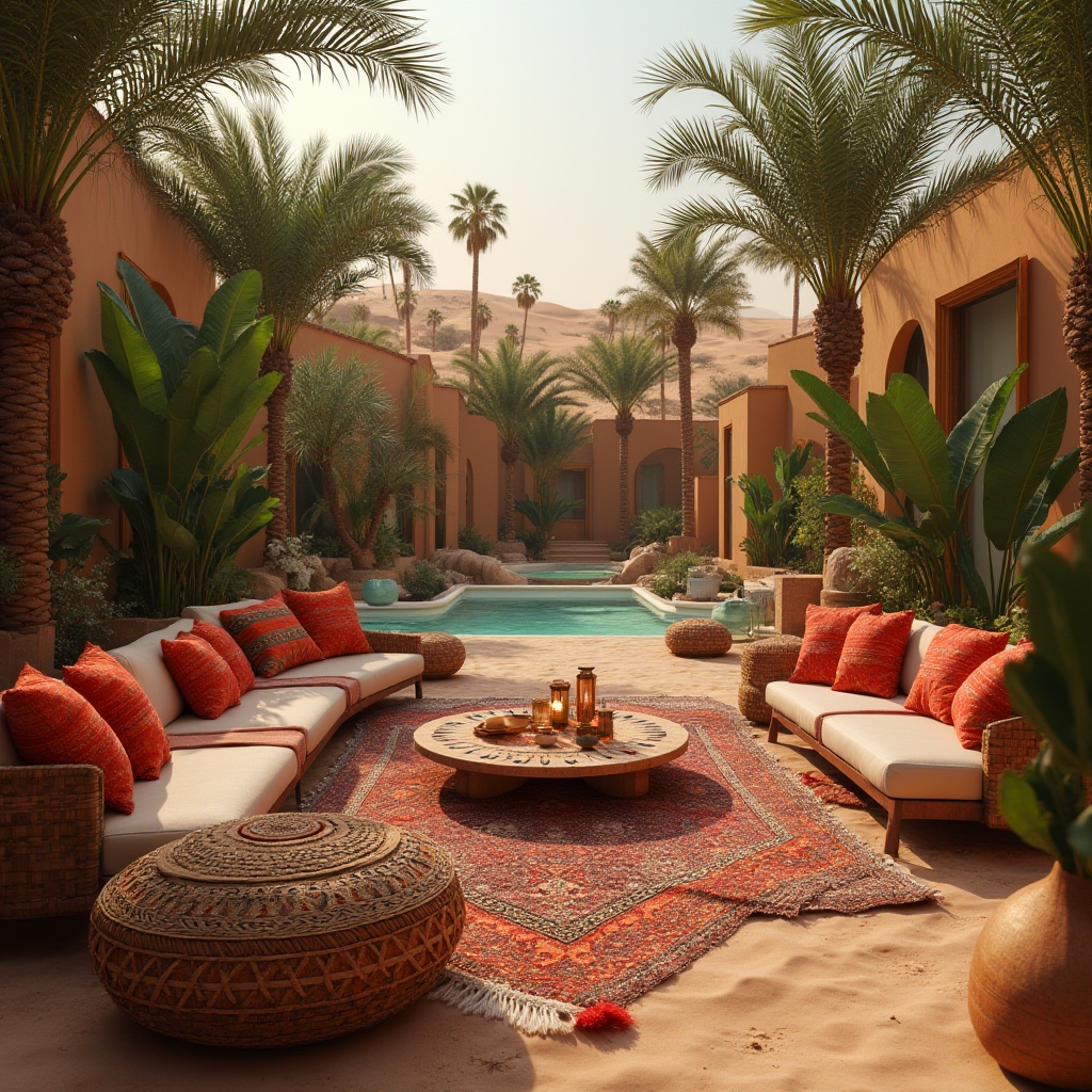 Prompt: Cozy oasis, desert landscape, warm sandy dunes, palm trees swaying gently, vibrant colored textiles, woven baskets, Moroccan-inspired lanterns, plush cushions, intricately patterned rugs, refreshing water features, lush greenery, warm lighting, 3/4 composition, shallow depth of field, inviting atmosphere, serene ambiance, realistic rendering.