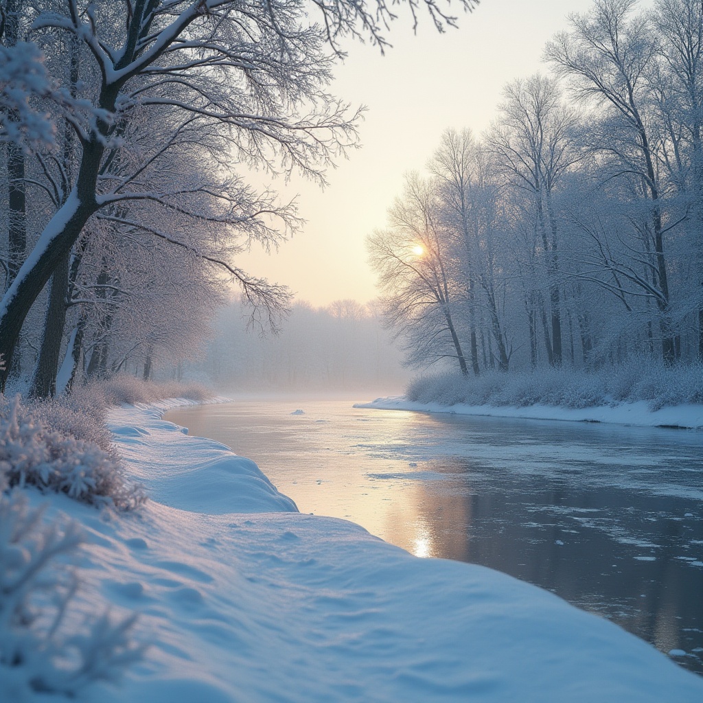 Prompt: Winter riverbank, snow-covered trees, serene atmosphere, gentle slope, frozen river surface, misty morning, soft warm light, tranquil composition, 3/4 view, detailed snowflakes, frosty air, quiet environment, peaceful ambiance, natural scenery, cold tone colors, subtle texture, realistic rendering.