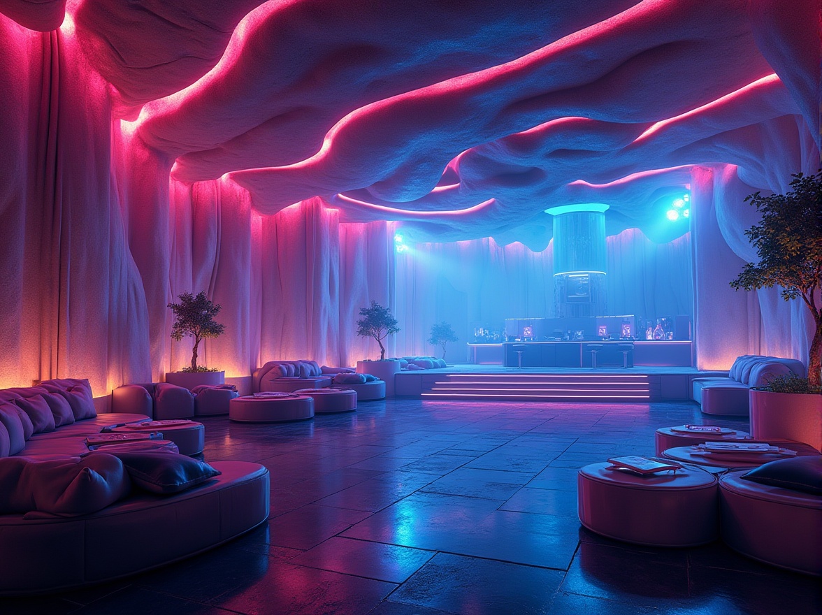 Prompt: Futuristic nightclub, innovative sand-casted materials, glowing neon lights, iridescent walls, undulating curves, metallic accents, DJ booth, dance floor, strobe lights, fog machines, VIP lounge, plush couches, glass tables, futuristic chairs, sleek bar countertops, LED screens, ambient music, dark mysterious atmosphere, 3/4 composition, low-angle shot, dramatic lighting.