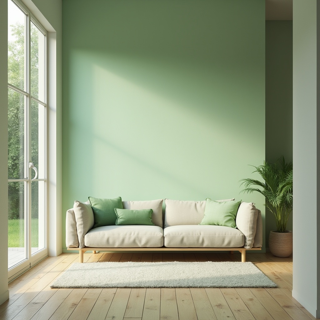 Prompt: light green accent wall, modern minimalist interior design, Scandinavian-inspired furniture, sleek low-profile couch, matching light green throw pillows, wooden floorboards, tall glass windows, natural daylight pouring in, lush greenery outside, subtle gradient effect on walls, gentle warm ambient lighting, 3/4 composition, soft focus on foreground objects.