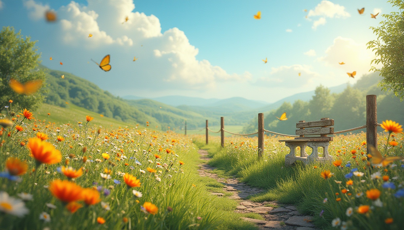 Prompt: whimsical meadow scene, vibrant flowers, colorful wildflowers, lush green grass, delicate petals, gentle breeze, sunny day, warm lighting, soft focus, shallow depth of field, natural texture, earthy tone, rolling hills, serene atmosphere, peaceful ambiance, wooden fence, rusty gate, winding stone path, vintage garden bench, butterflies fluttering, birds singing sweet melodies, fluffy white clouds drifting lazily.