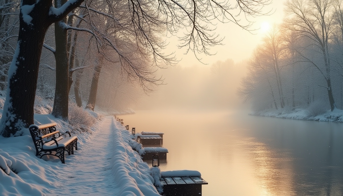 Prompt: Riverbank, winter scene, snow-covered trees, frozen river, serene atmosphere, white snowflakes gently falling, misty fog rolling in, warm sunlight peeking through, gentle slope, wooden dock, old lanterns, rusty iron benches, soft focus, creamy texture, peaceful ambiance, warm color tone, cinematic composition, shallow depth of field.