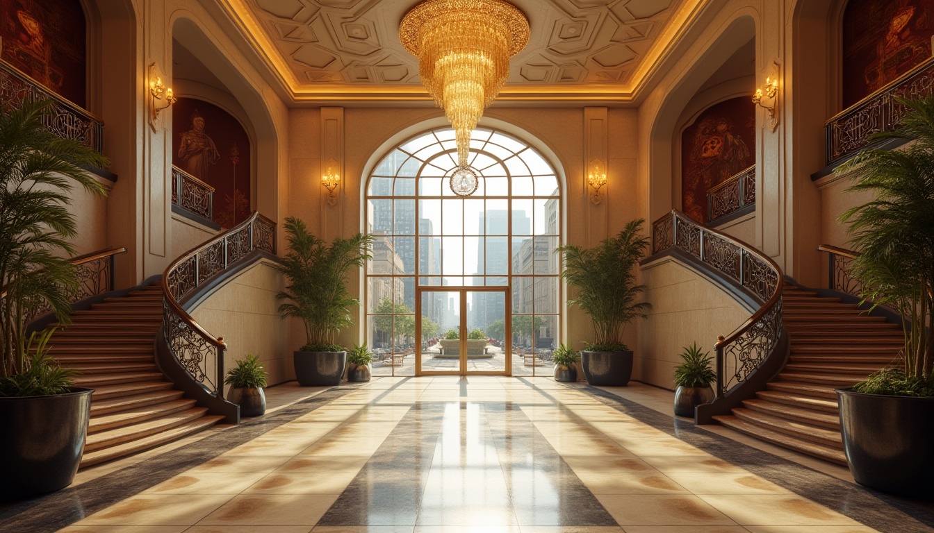 Prompt: Art Deco exhibition center, grand entrance, geometric patterns, luxurious chandelier, marble floors, elegant stairs, ornate metal railings, vintage decorative elements, 1920s-inspired architecture, high ceilings, large windows, natural light pouring in, urban cityscape outside, daytime, softbox lighting, cinematic composition, warm color tone, golden accents, sophisticated atmosphere.