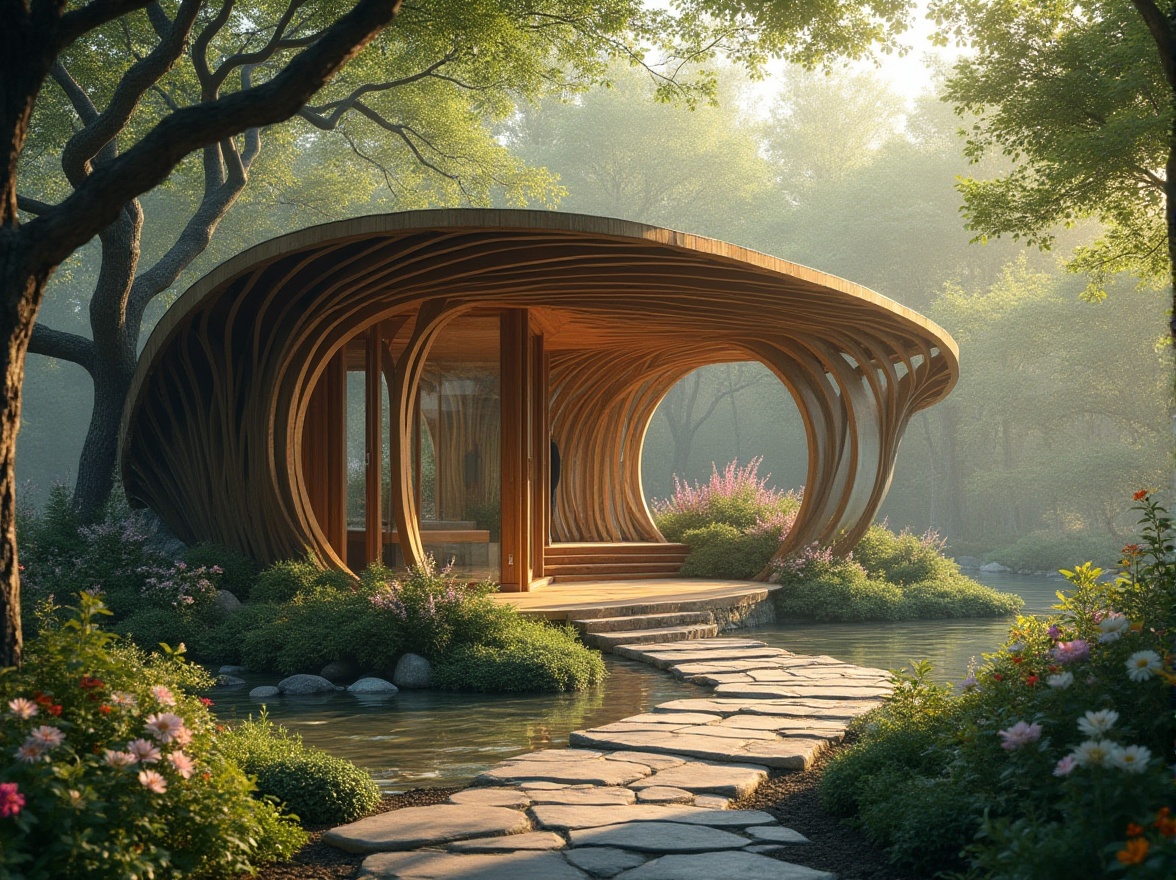 Prompt: Forest-inspired pavilion, modern architecture, curved wooden structure, glass roof, natural light filtering through, intricate tree branch patterns, lush greenery surrounding, flowers blooming in vibrant colors, stone pathway leading to entrance, water feature nearby, misty atmosphere, soft warm lighting, 3/4 composition, shallow depth of field, cinematic mood, afternoon sun, serene ambiance.