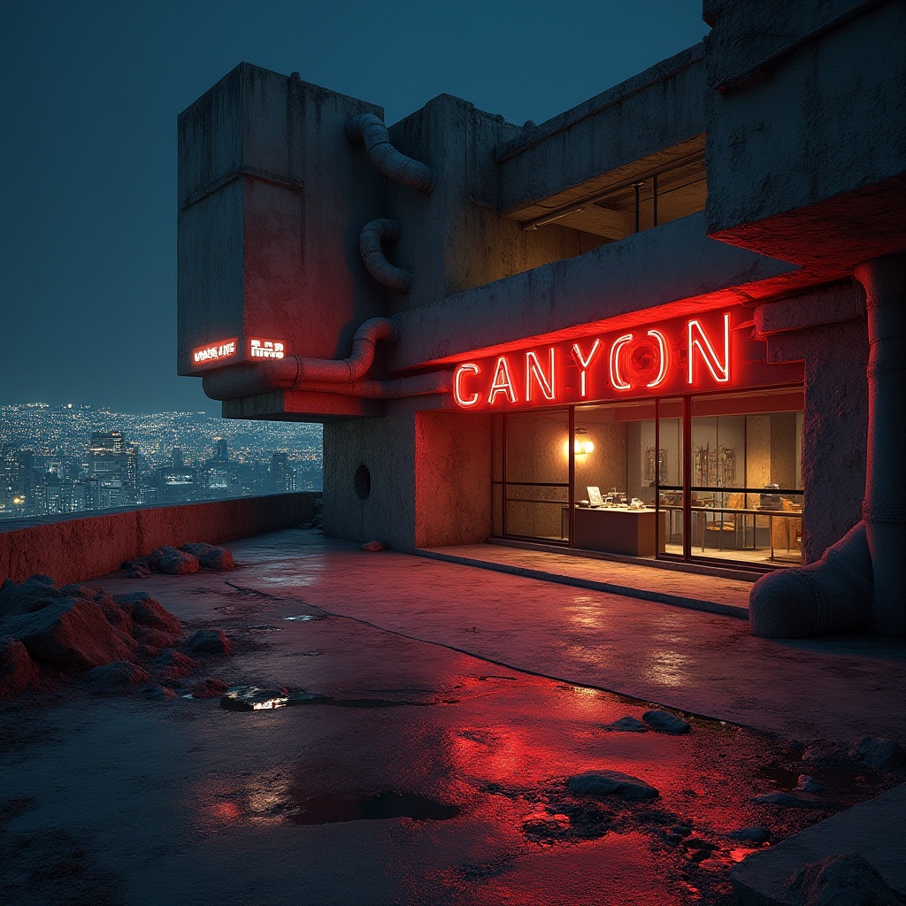 Prompt: Canyon Casino, brutalist architecture, rugged concrete walls, geometric shapes, cantilevered floors, industrial pipes, exposed ductwork, neon lights, cityscape background, night scene, cinematic lighting, dramatic shadows, low-angle shot, 3/4 composition, bold colors, metallic textures, urban atmosphere.