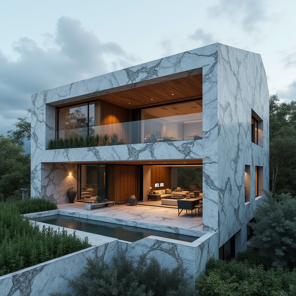 Prompt: Modern building, luxurious villa, granite material, rugged texture, natural pattern, polished finish, sleek lines, minimalist design, floor-to-ceiling windows, angular architecture, urban cityscape, cloudy sky, soft lighting, cinematic composition, 3/4 view, high-angle shot, stone wall, wooden door, steel frames, glass railing, greenery balcony.