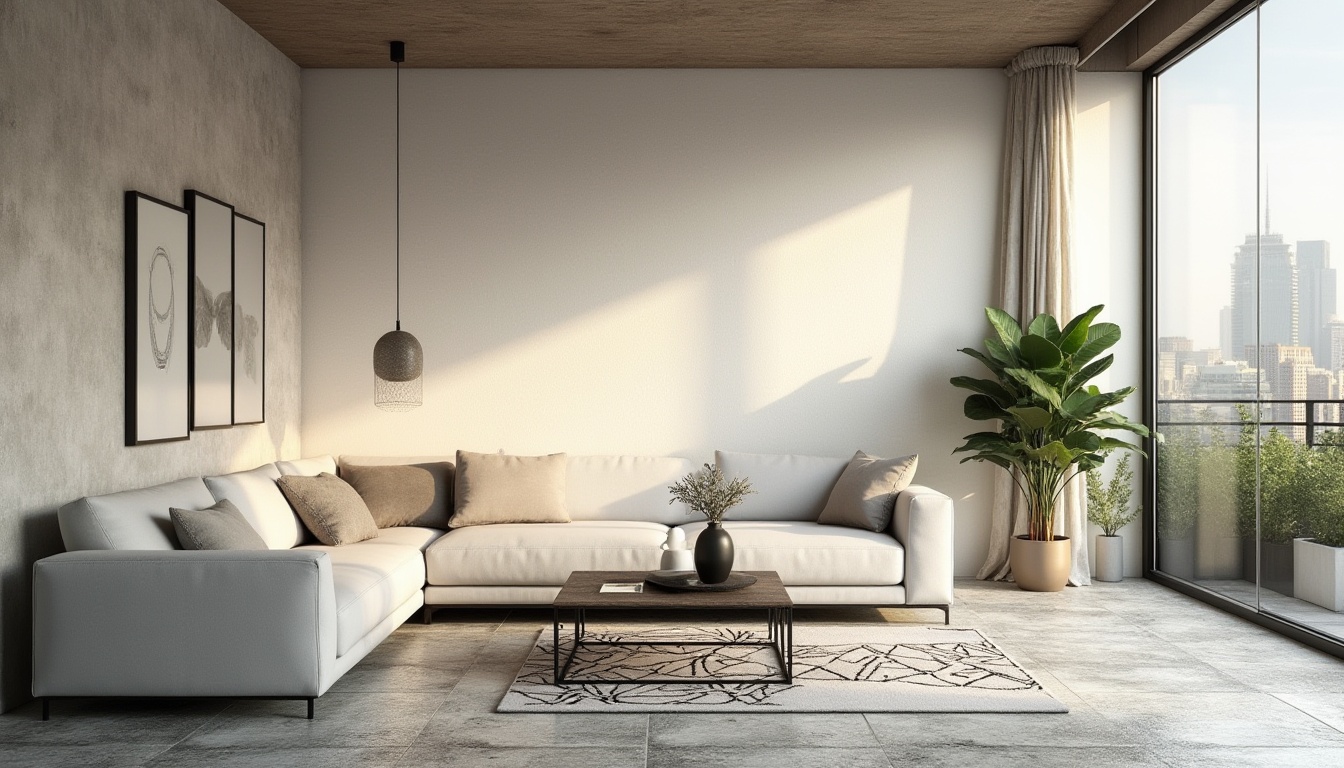 Prompt: Modern decorative interior, luxurious living room, white plaster wall, textured pattern, rough stone flooring, sleek low-profile sofa, geometric-patterned rug, industrial-chic metal coffee table, pendant lamp, natural light pouring through large windows, greenery on the balcony, cityscape view, warm golden lighting, shallow depth of field, minimalist composition.