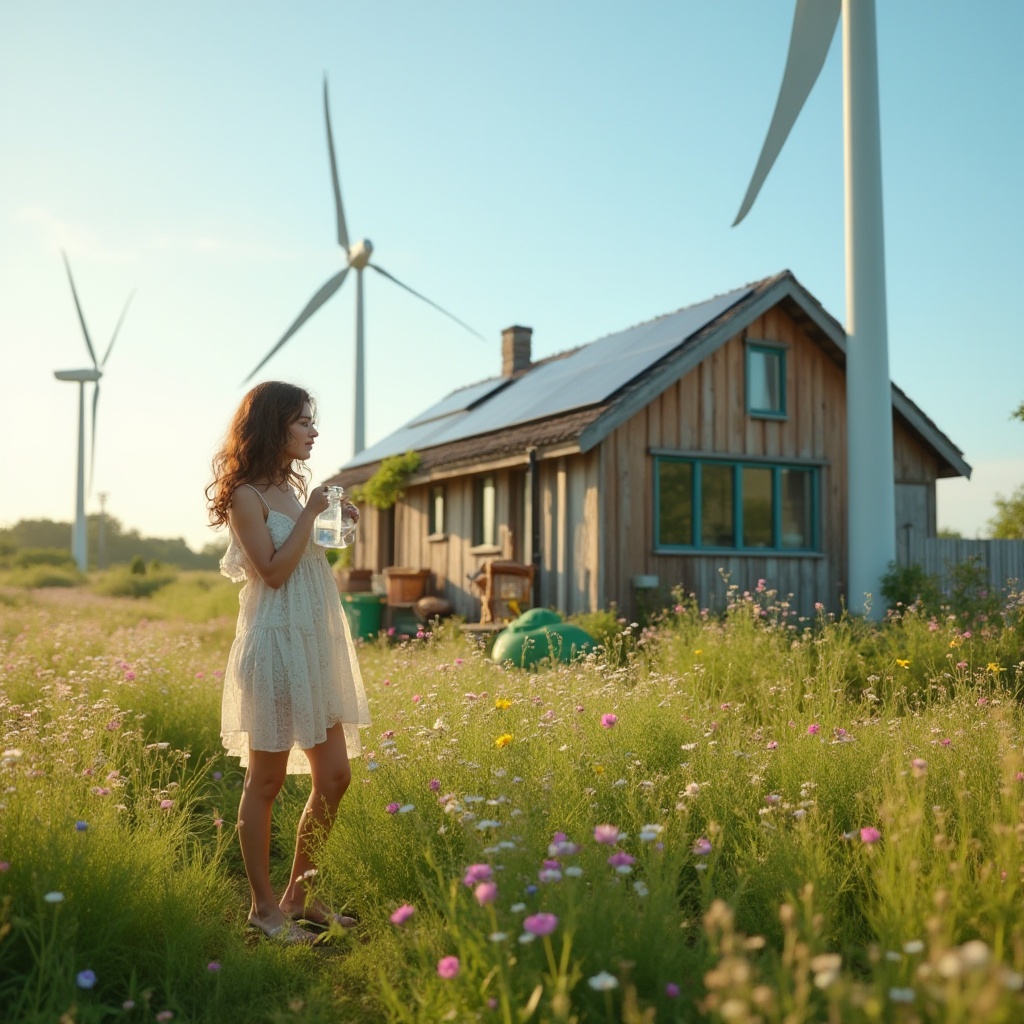 Prompt: Eco-friendly abode, sustainable living, grassland environment, solo female, 25yo, natural makeup, curly brown hair, flowy sundress, barefoot, holding a reusable water bottle, standing near a wind turbine, solar panels on the roof, eco-friendly furniture, recycling bins, compost heap, wildflowers blooming around, gentle breeze, clear blue sky, panoramic view, warm sunlight, 3/4 composition, soft focus, natural color palette.