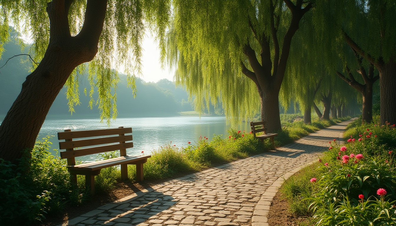 Prompt: Riverbank scenic spot, tranquil atmosphere, lush greenery, winding stone path, wooden benches, old willow trees, hanging vines, vibrant wildflowers, calm river water, gentle ripples, soft sunlight, warm afternoon ambiance, 3/4 composition, naturalistic colors, cinematic lighting, fish eye lens.