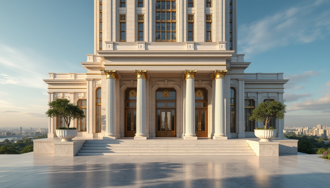 Prompt: Neoclassical skyscraper, majestic, luxurious, elegant, symmetrical façade, grand entrance, high ceilings, ornate columns, marble flooring, bronze doors, intricate moldings, Art Deco patterns, golden accents, modern minimalism, urban landscape, cityscape, panoramic view, daytime, clear blue sky, soft clouds, subtle shadows, cinematic composition, 3/4 shot, realistic rendering.