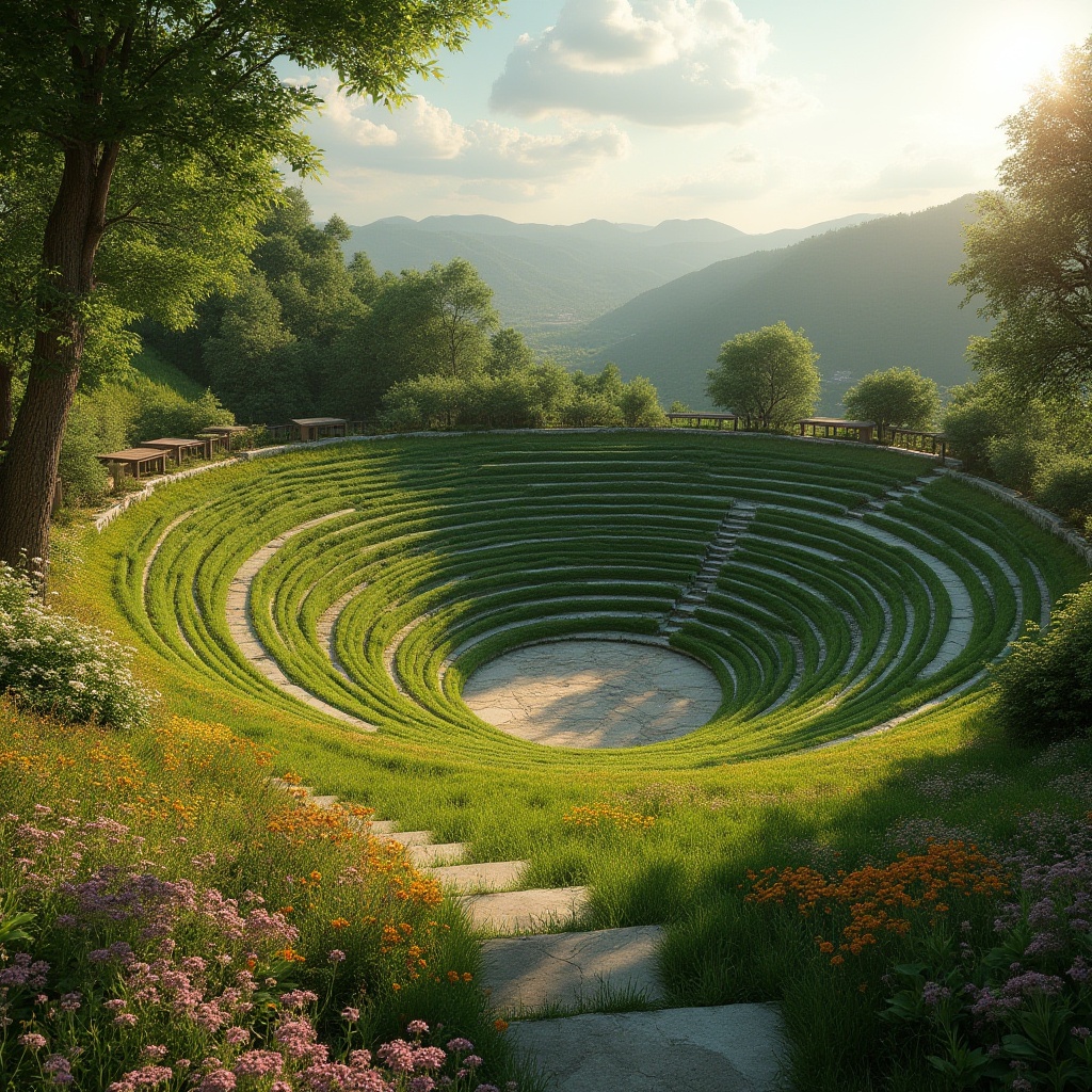 Prompt: Amphitheater design, integrating grassland, natural scenery, curved seating area, lush greenery, wildflowers blooming in vibrant colors, gentle slope, wooden benches, stone pathways, rustic texture, warm afternoon sunlight, soft shadows, dramatic panoramic view, 3/4 composition, cinematic lighting, ambient atmosphere.