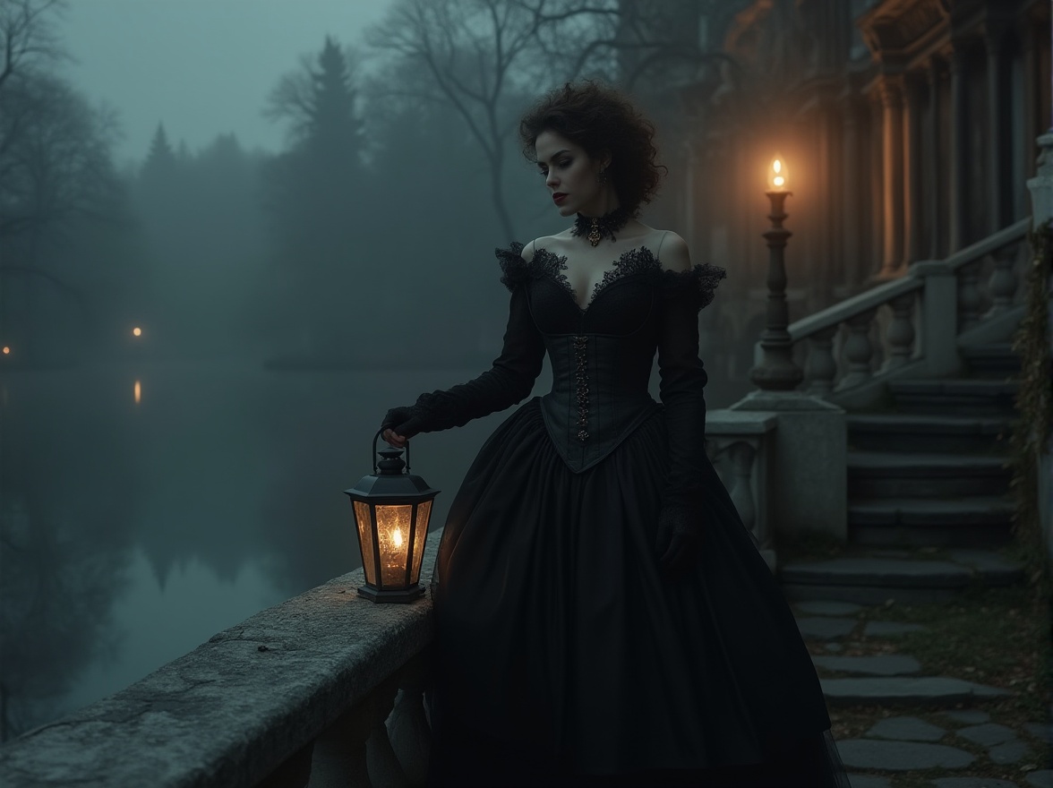 Prompt: Dark academia, mysterious lady, solo, (25yo), bold eyeliner, pale skin, curly dark brown hair, lace choker, Victorian-inspired black dress, long sleeves, tight corset, layered tulle skirt, black boots, antique brooch, holding a lantern, standing by the lake, Baroque-style architecture, intricate stone carvings, grand staircase, misty atmosphere, foggy night, dim warm lighting, cinematic composition, mysterious ambiance, eerie silence.