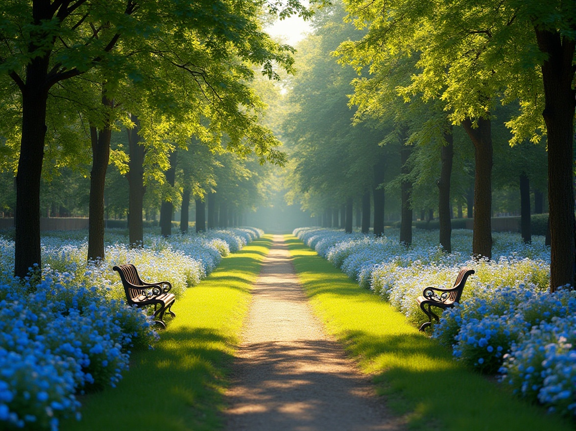 Prompt: Prussian blue accents, park scenery, sunny afternoon, vibrant flowers, lush green grass, walking path, ornate benches, iron fences, majestic trees, leafy canopies, tranquil atmosphere, warm lighting, shallow depth of field, naturalistic composition, 3/4 view angle, soft focus, gentle breeze.