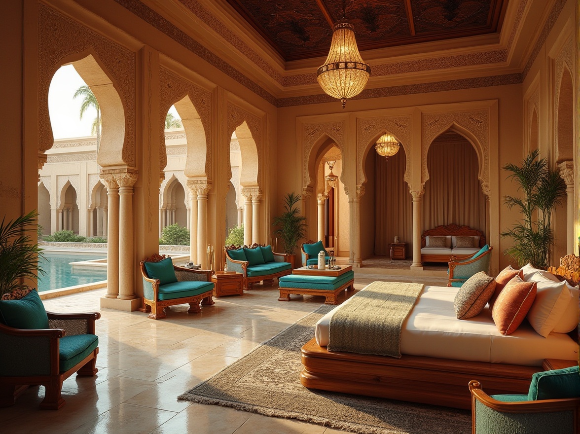 Prompt: Desert hotel, luxurious interior, regionalism style, Middle Eastern patterns, intricate Arabic calligraphy, warm beige walls, ornate wooden furniture, plush cushions, vibrant turquoise accents, lavish chandeliers, majestic archways, Moorish architecture, tranquil courtyard, palm trees, serene fountain, warm sunset lighting, soft focus, cinematic composition, 3/4 shot.