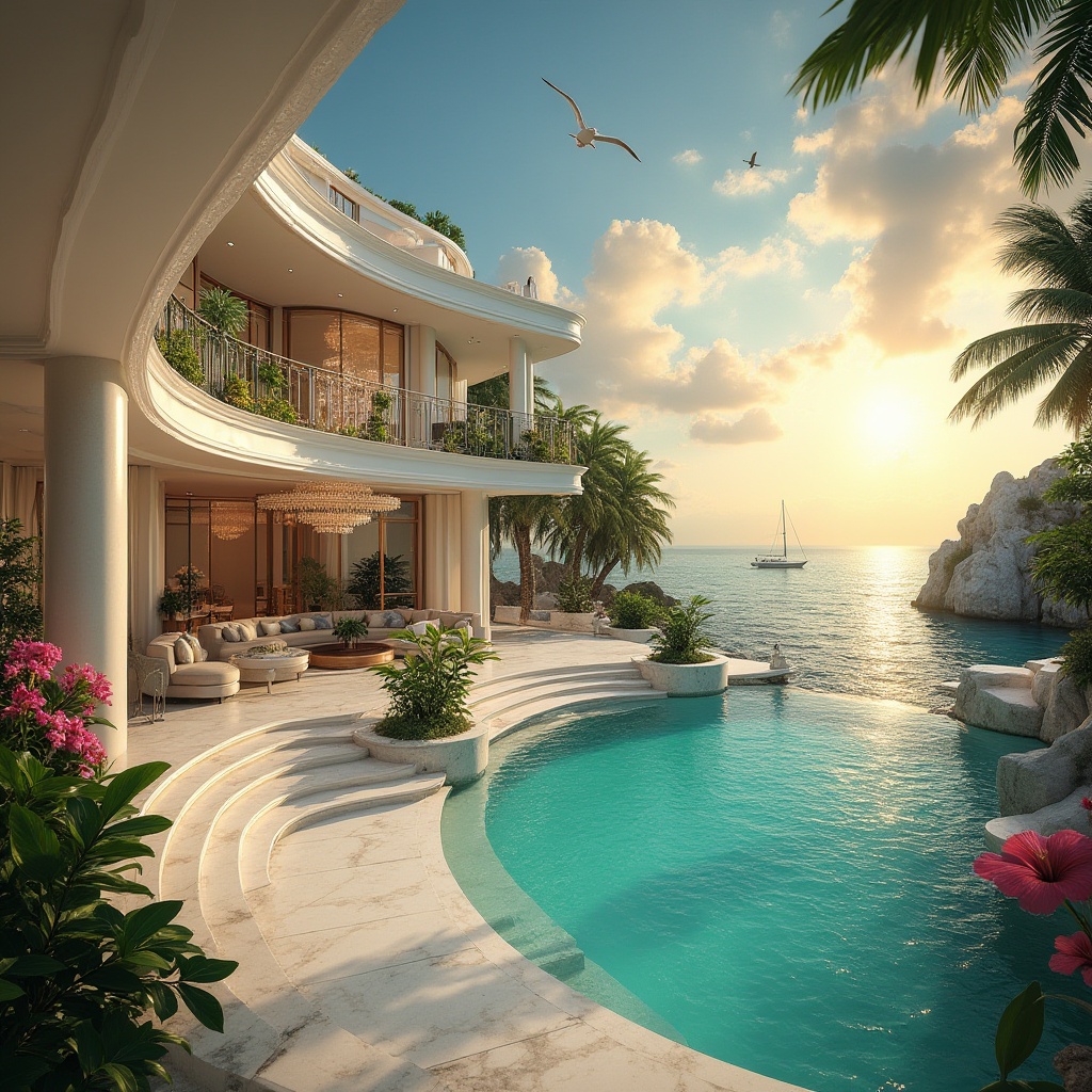 Prompt: Island, Art Deco architecture, luxurious villa, white marble, curved lines, ornate metalwork, glamorous chandeliers, lavish furnishings, exotic plants, palm trees, hibiscus flowers, turquoise lagoon, crystal clear water, sandy beach, wooden pier, sailboats, seagulls flying overhead, sunset with warm golden light, dramatic clouds, cinematic composition, high contrast, vibrant colors, ornate decorations, geometric patterns.