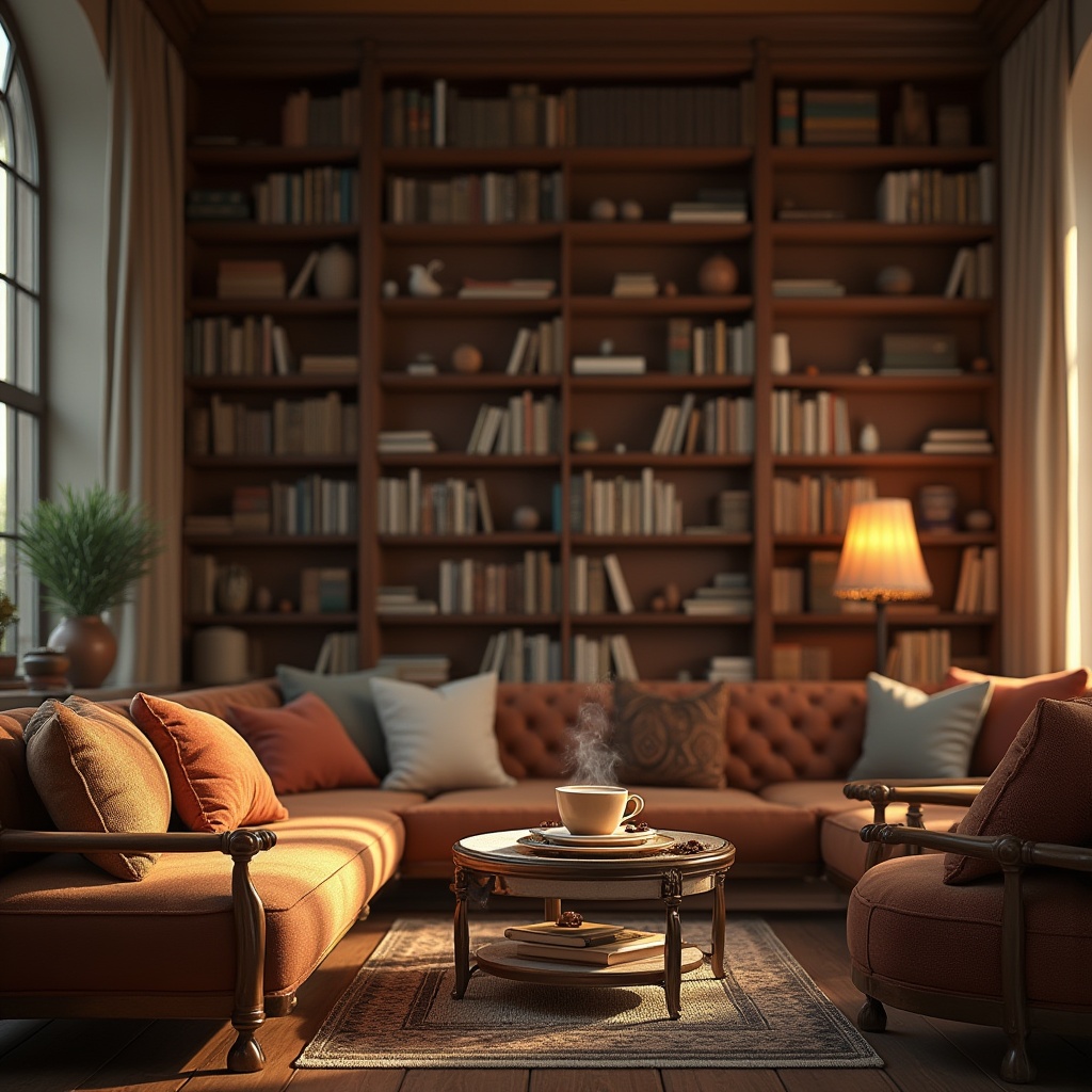 Prompt: Cozy library interior, warm coffee colors, wooden bookshelves, comfortable sofas, soft cushions, vintage lamps, warm lighting, reading tables, leather-bound books, steaming cup of coffee, saucers, coffee beans, aromatic scent, subtle background noise, natural materials, earthy tones, minimal ornaments, elegant lines, symmetrical composition, 3/4 view, warm atmosphere, inviting ambiance, relaxing mood, morning sunlight filtering through large windows.