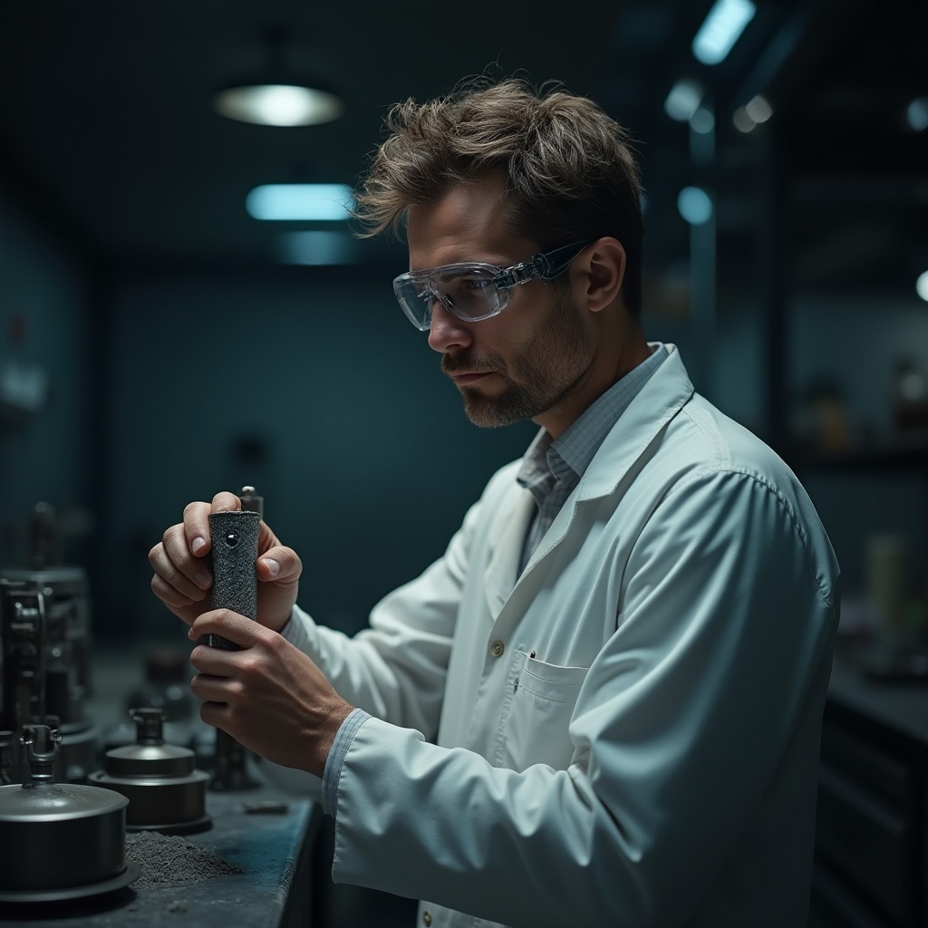 Prompt: Industrial design, futuristic laboratory, scientist, male, 30s, messy hair, goggles, white lab coat, holding metal cylinder, sand-casted materials, metallic texture, intricate details, spotlights, dark background, high contrast, cinematic composition, shallow depth of field, realistic rendering, ambient occlusion.