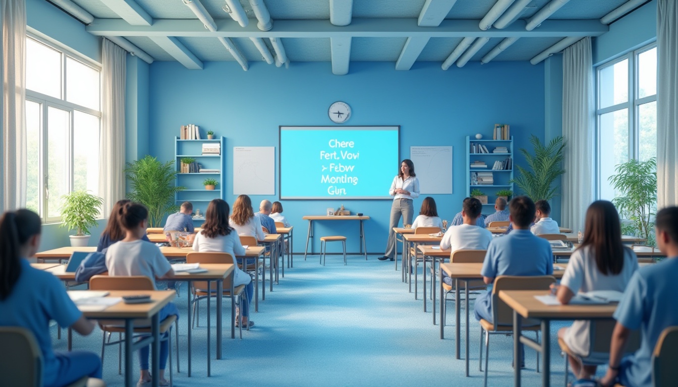 Prompt: Blue educational space, modern interior design, calm atmosphere, gentle lighting, blue accent walls, whiteboards, wooden desks, ergonomic chairs, blue cushioned sofas, motivational quotes on blue background, green plants on shelves, large windows with natural light, blue and white striped curtains, soft blue carpet, minimalistic decoration, 3D visualizer in the corner, students studying quietly, teacher guiding at the front, panoramic view, bright and airy, soft focus, warm tone, shallow depth of field.