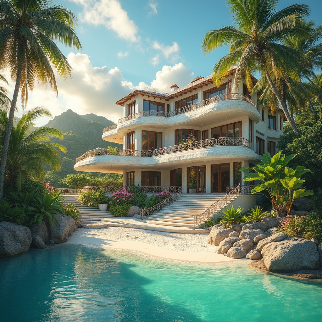 Prompt: Island, Art Deco style, luxurious villa, tropical plants, palm trees, colorful flowers, bright sunlight, crystal clear turquoise water, white sandy beach, ornate metalwork, geometric patterns, bold colors, glamorous lighting, dramatic shadows, 3/4 composition, panoramic view, cinematic mood, sunset ambiance.