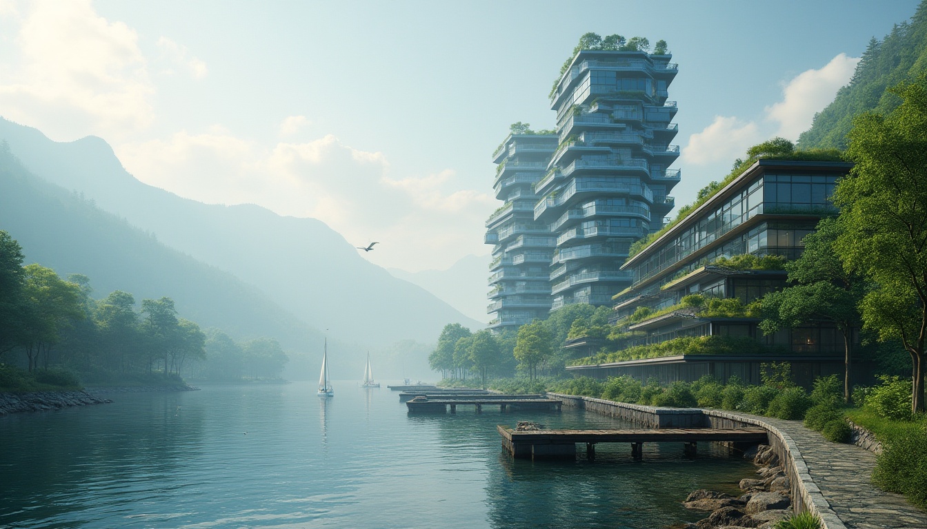 Prompt: Lakefront skyscrapers, modern architecture, merging nature, green roofs, glass facades, steel beams, reflective windows, lake waves gently lapping, surrounding lush forest, tall trees, misty morning atmosphere, soft sunlight filtering through fog, distant mountains in background, sailboats on calm water, seagulls flying overhead, wooden docks and piers, natural stone pathway, panoramic view, wide-angle lens, cinematic composition, ambient lighting, high-rise buildings with gardens, futuristic design, sleek lines, metallic materials, urban planning.