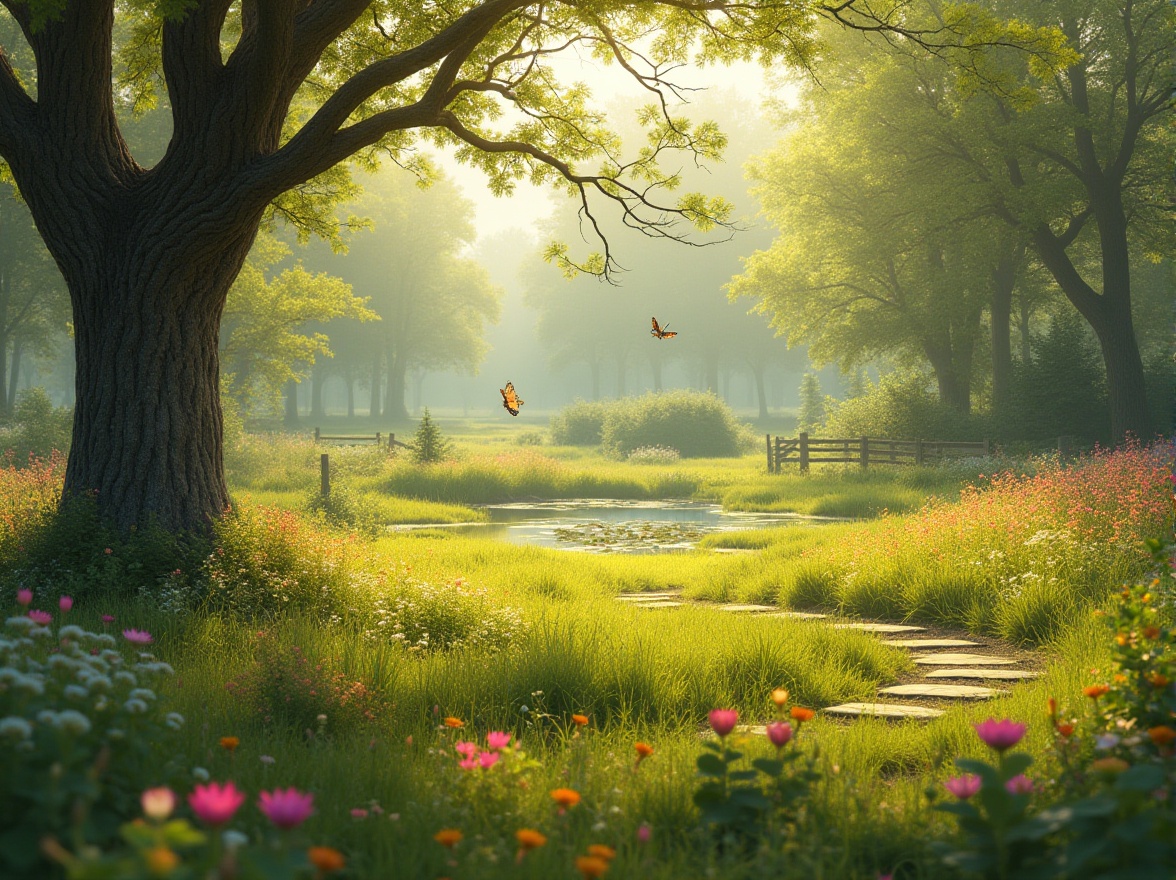 Prompt: Whimsical meadow scenery, sunny afternoon, warm soft light, lush green grass, variety of colorful wildflowers, tall trees with intricate branches, wooden fence in the background, winding stone path, few butterflies fluttering, a small pond with water lilies, serene atmosphere, natural texture, 3/4 composition, gentle blur effect, vibrant colors, dreamy ambiance, peaceful mood.