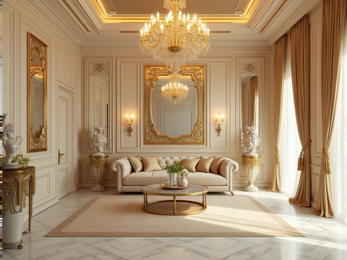 Prompt: Cream color walls, luxurious Art Deco interior, ornate mirror frames, elegant chandelier, marble floors, velvet couch, ornamental vases, sophisticated sculptures, grand piano, floor-to-ceiling windows, lavish curtains, opulent textiles, golden accents, warm softbox lighting, low-angle shot, symmetrical composition.