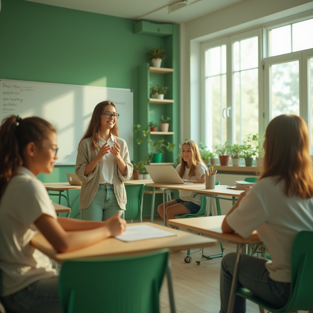 Prompt: Calming educational scene, green color dominant, modern classroom interior, minimalistic wooden tables, ergonomic chairs, softbox lighting, plants on shelves, inspirational quotes on walls, a young teacher, smiling, wearing glasses, casual wear, standing near a whiteboard, gesturing, explaining, surrounded by excited students, boys and girls, different ages, diverse skin tones, curious expressions, taking notes, laptops open, green accents on furniture, refreshing ambiance, natural light pouring in from large windows, blurred background, shallow depth of field.