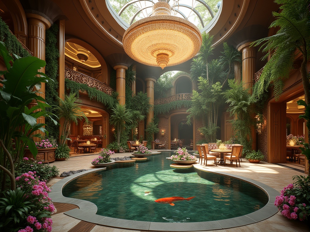 Prompt: Luxurious casino interior, blending with nature, grand chandelier, vibrant greenery walls, tropical plants, flower arrangements, wooden accents, marble floors, natural stone columns, water features, small pond, koi fish, waterfall, ambient lighting, warm colors, elegant atmosphere, 3/4 composition, medium shot, realistic rendering.