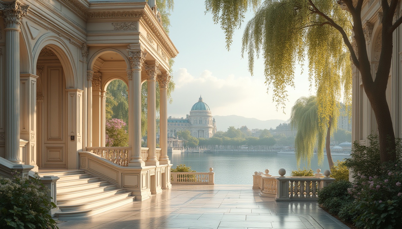 Prompt: Riverbank, neoclassical architecture, grandiose entrance, symmetrical facade, ornate decorations, Roman columns, arches, domes, white marble, intricately carved balustrades, lavish chandeliers, elegant staircases, panoramic view of the river, lush greenery, weeping willows, blooming flowers, serene atmosphere, soft natural light, warm color palette, cinematic composition, 3/4 shot, low-angle photography.