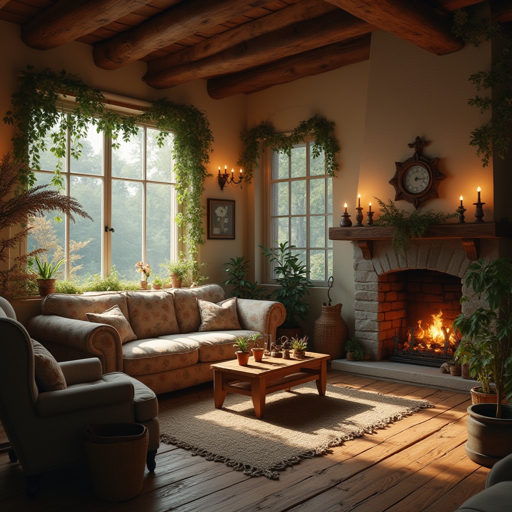 Prompt: Cozy rural living room, wooden beams, stone fireplace, vintage windows, floral patterned sofa, velvet armchair, woven basket coffee table, potted plants, soft candlelight, warm beige walls, natural wood flooring, rustic metal lantern, nature-inspired decorative accents, serene forest view outside, misty morning atmosphere, gentle backlighting, intimate 3/4 composition.