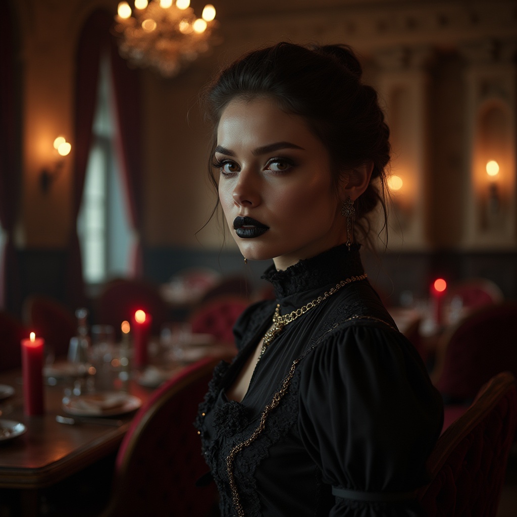 Prompt: Gothic style restaurant, dimly lit, mysterious atmosphere, grand chandelier, stone walls, medieval inspired furniture, luxurious velvet curtains, ornate metal decorations, dark wood tables, red candles, mysterious waiters, Victorian-era-inspired uniforms, dark lipstick, pale skin, intricate makeup, mysterious gaze, intimate close-up, dramatic lighting, shallow depth of field, 3/4 composition, warm color tone, high contrast, cinematic mood.