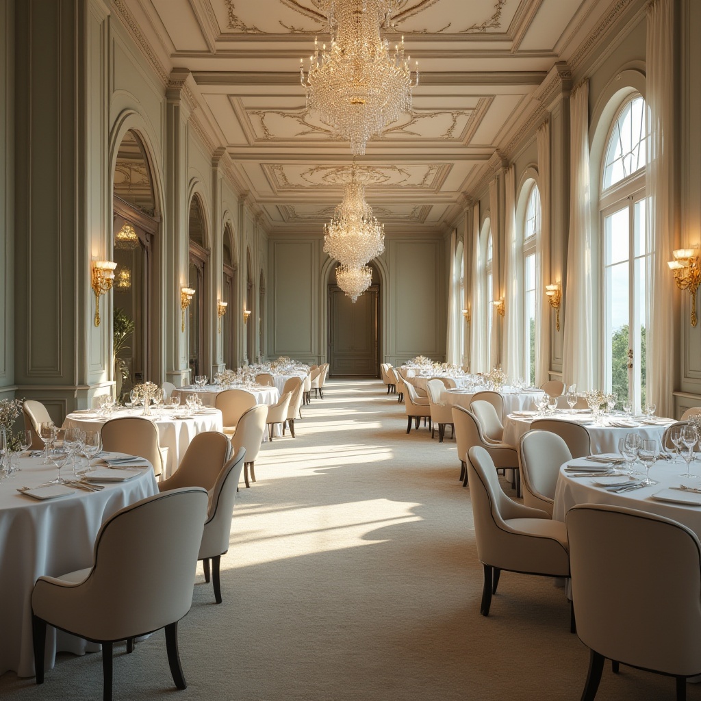 Prompt: Dining hall, luxurious interior, periwinkle walls, elegant round tables, white tablecloths, crystal chandeliers, high ceiling, large windows, natural light, soft carpet, modern chairs, minimalist decorations, calm atmosphere, warm lighting, afternoon scene, empty space, 3/4 composition, depth of field, cinematic mood, HDR.