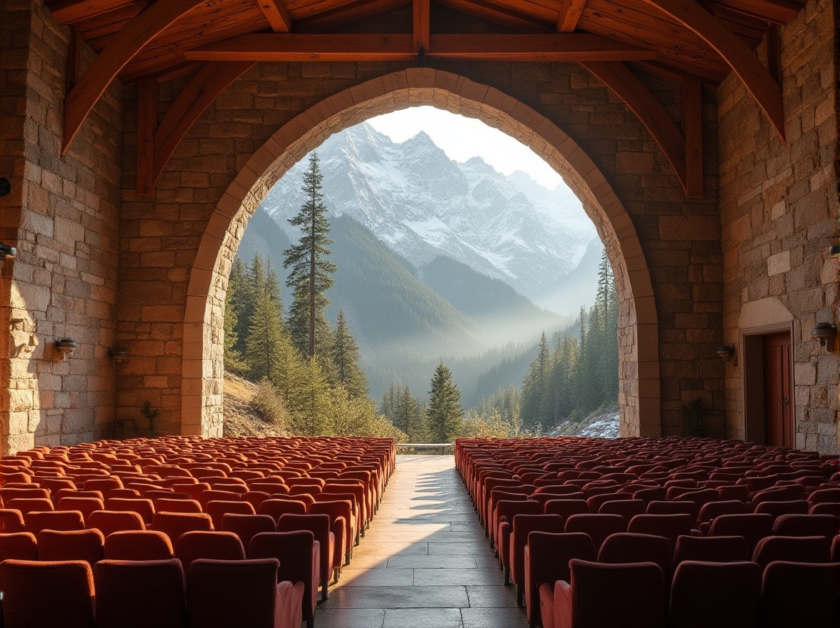 Prompt: Mountainous auditorium, Sienna color, grandiose architecture, stone walls, wooden beams, high ceilings, comfortable seating, warm atmosphere, soft lighting, subtle shadows, dramatic angles, majestic views, snow-capped mountains outside, evergreen trees, misty fog, morning light, cinematic composition, warm colors, earthy tones, natural materials.