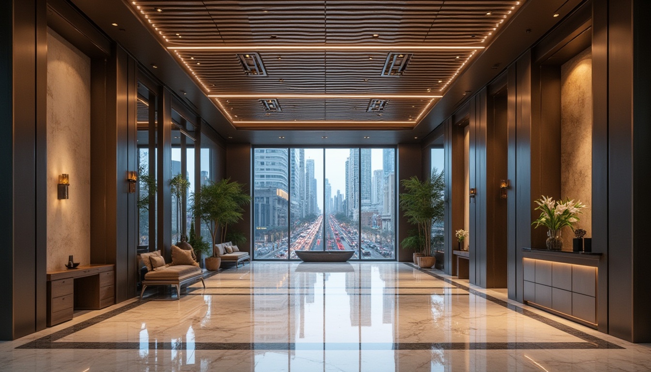 Prompt: Modern hotel lobby, corrugated metal ceiling, industrial chic, silver color, matte finish, intricate pattern, geometric shape, LED strip lights, ambient lighting, 3/4 composition, low-angle shot, minimalist decor, sleek lines, polished marble floor, luxurious atmosphere, cityscape view through glass facade, bustling street scene, metropolitan vibe, warm tone, cinematic mood.