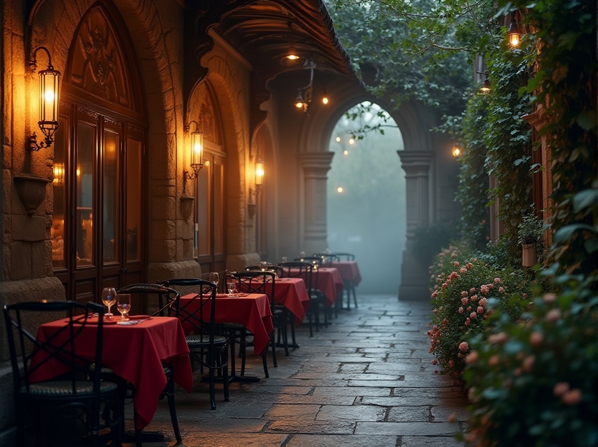 Prompt: Gothic style restaurant, outdoor seating area, intricate stone carvings, grandiose arches, dimly lit lanterns, mysterious fog effect, ornate metal chairs, dark wood tables, crimson red tablecloths, overflowing flower boxes, vines crawling up walls, misty atmosphere, soft focus background, warm golden lighting, 3/4 composition, shallow depth of field, cinematic mood.