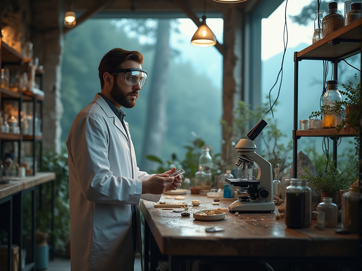 Prompt: Modern laboratory, mountainous environment, solo scientist, 30yo, beard, goggles, white lab coat, gloves, surrounded by various equipment, microscopes, test tubes, petri dishes, mountain rocks, plants, waterfalls, misty atmosphere, wooden tables, metal shelves, dim warm lighting, rustic interior design, natural materials, stone walls, wooden floors, large windows overlooking mountains, panoramic view, 3/4 composition, soft focus, cinematic mood.