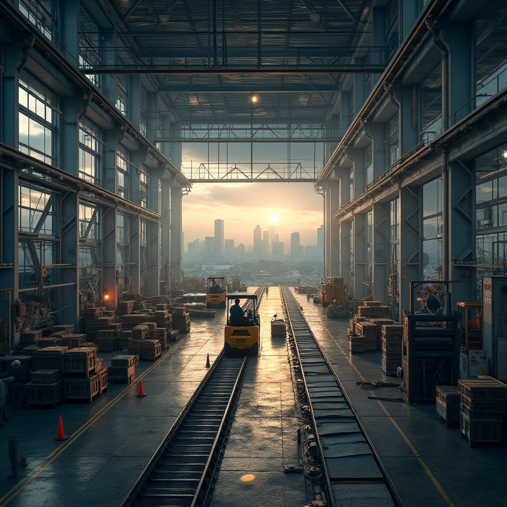 Prompt: Industrial facility, modern architecture, functionality emphasized, steel beams, metal grids, concrete floors, fluorescent lights, pipes exposed, machinery operating, factory workers wearing uniforms, hard hats, goggles, tools in hands, conveyor belts moving, crates stacked, forklifts driving by, industrial equipment scattered, urban landscape outside, cityscape background, cloudy sky, warm color tone, high-angle shot, dramatic lighting, detailed textures.