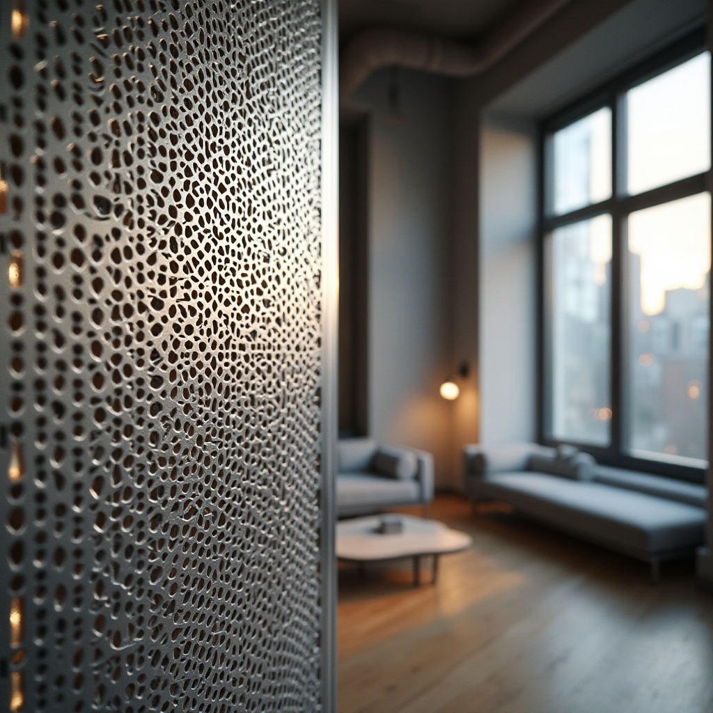 Prompt: Modern decorative perforated metal panel, geometric pattern, silver-gray color, glossy finish, intricate details, industrial-chic style, interior design element, living room, coffee table, minimalist space, natural light pouring through large windows, urban loft atmosphere, close-up shot, shallow depth of field, warm ambient lighting, cinematic composition.