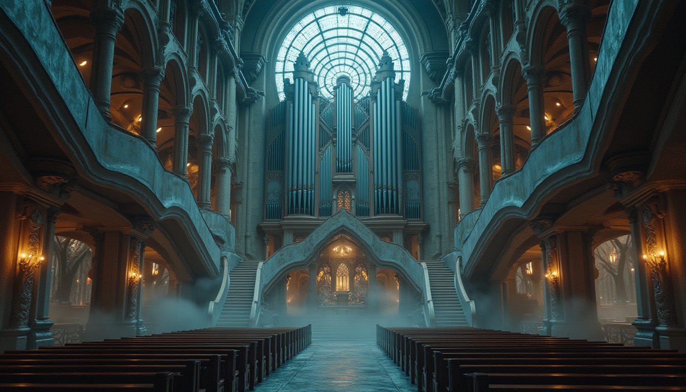 Prompt: Unique Metabolism Style Church, futuristic architecture, intricate pipe organ, industrial chic interior, vaulted ceilings, grand staircase, ornate metallic decorations, stained glass windows, dramatic lighting, mysterious atmosphere, Gothic-inspired elements, eerie ambient sounds, misty fog surrounding the building, overcast sky, cityscape background, 3/4 composition, cinematic shot, low-angle perspective.