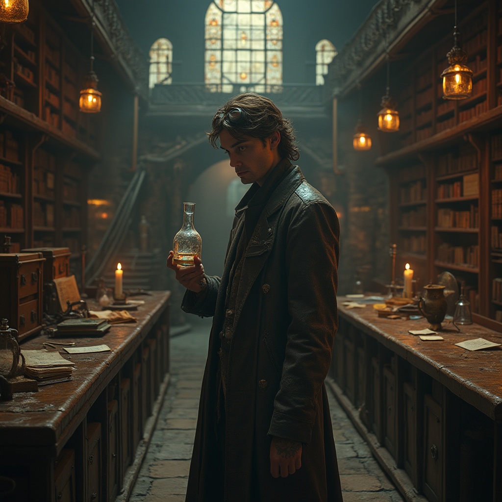 Prompt: Dark academia, Gothic style research center, mysterious scientist, lab coat, goggles, messy brown hair, pale skin, intricate tattoos on arms, holding a beaker, surrounded by dusty bookshelves, old wooden tables, leather-bound tomes, cobweb-covered chandeliers, grand staircase, high ceilings, stone walls, stained glass windows, dimly lit, warm golden lighting, misty atmosphere, eerie ambiance, mysterious machinery in the background, pipes and gauges, worn stone floors, ornate metal doors, dramatic shadows.