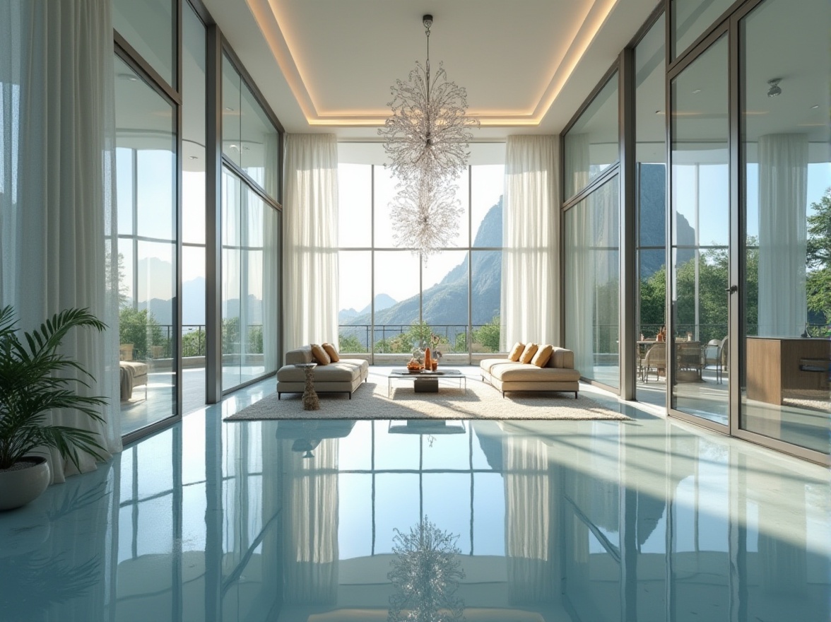 Prompt: Glass material, interior design, modern villa, luxurious living room, floor-to-ceiling windows, transparent glass walls, reflective surface, crystal clear glass tabletop, elegant chandelier, minimalist decoration, spotlights shining on glass, bright and airy atmosphere, 3/4 composition, soft natural lighting, morning sunlight filtering through the glass.