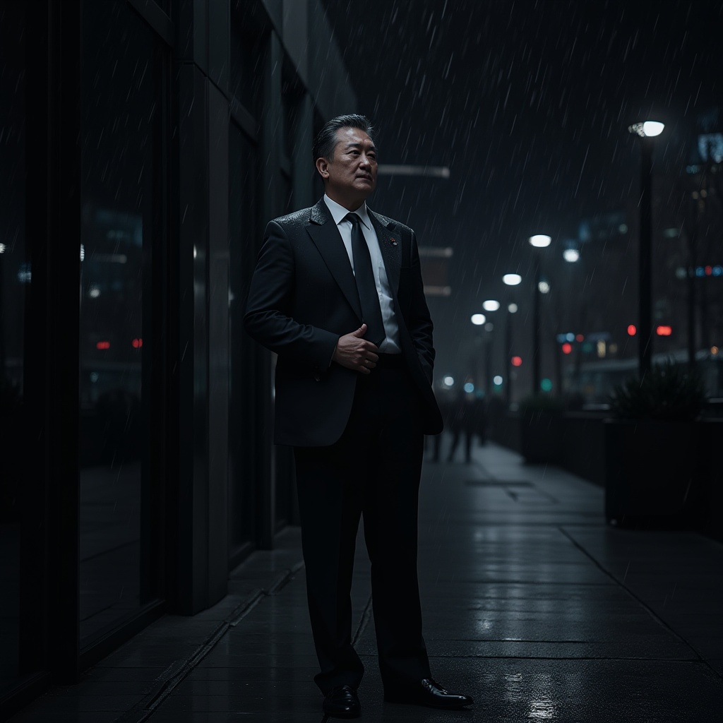 Prompt: Dark background, dramatic lighting, luxury brand logo, high-end product packaging, sleek modern architecture, mysterious night cityscape, neon lights reflecting off black glass, minimalist interior design, monochromatic color scheme, sophisticated business attire, formal suit and tie, confident pose, urban atmosphere, rainy evening, wet pavement, cinematic composition, low-key tone, high-contrast ratio, detailed texture, metallic accents, avant-garde art installation.