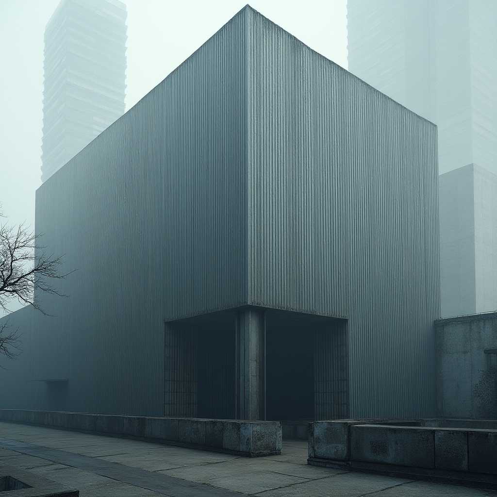 Prompt: Modern building, corrugated iron exterior wall, metallic texture, industrial look, urban landscape, cityscape, skyscraper, brutalist architecture, concrete foundation, steel frame structure, angular lines, minimalist design, dramatic shadows, low-angle photography, cinematic composition, high-contrast lighting, misty atmosphere.