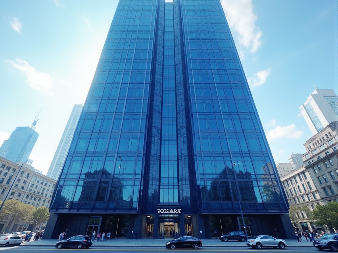 Prompt: Navy blue skyscraper, modern architecture, bold color choice, sleek glass windows, metallic frames, sharp edges, urban cityscape, daytime, clear sky, few white clouds, dramatic lighting, high-angle shot, 3/4 composition, deep navy blue reflective surface, steel beams, concrete foundation, vibrant city life, busy streets, cars moving, people walking.