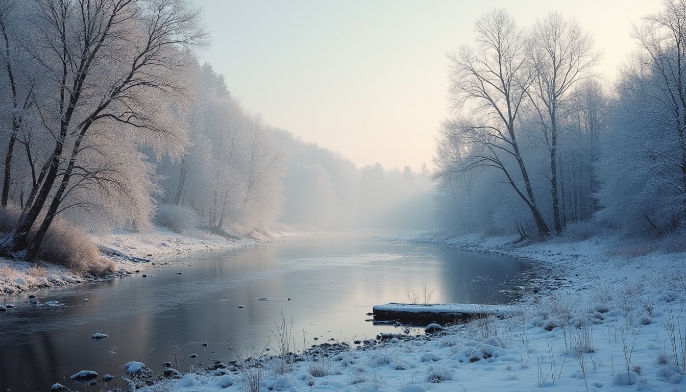 Prompt: Riverbank scenery, snow-covered trees, frozen river, serene atmosphere, winter season, gentle slope, natural rocks, sparse reeds, wooden dock, icy mist, soft warm lighting, cold tone, 3/4 composition, panoramic view, cinematic mood.