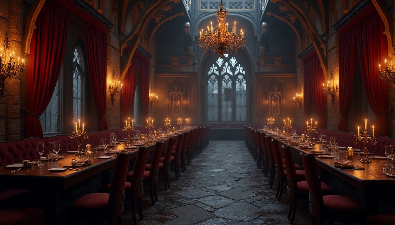 Prompt: Dark, luxurious Gothic style restaurant, dimly lit, ornate wooden tables, velvet upholstered chairs, crimson red curtains, golden candelabras, mysterious ambiance, foggy atmosphere, medieval-inspired decor, stone walls, grand chandelier, heavy drapery, mystical lighting, intricate carvings, mysterious corners, lavish furnishings.