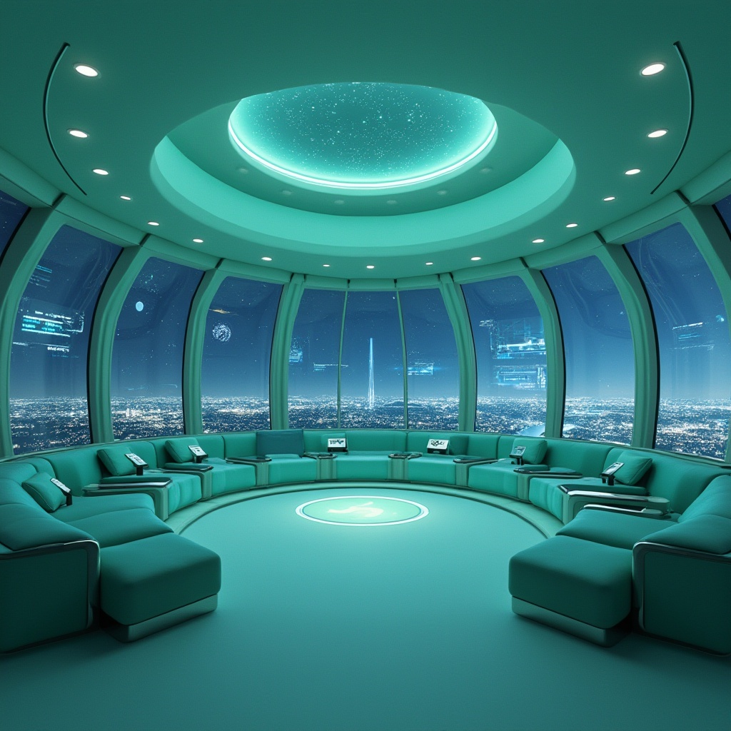 Prompt: Planetarium interior, calming mint color scheme, futuristic astronomy theme, spherical ceiling with twinkling star lights, circular seating arrangement, soft cushioned chairs, minimalist metal legs, subtle mint green upholstery, matching mint walls, floor-to-ceiling windows, cityscape view, dark blue night sky, ambient LED lighting, holographic projections, interactive exhibit displays, sleek metallic accents, futuristic control panels.