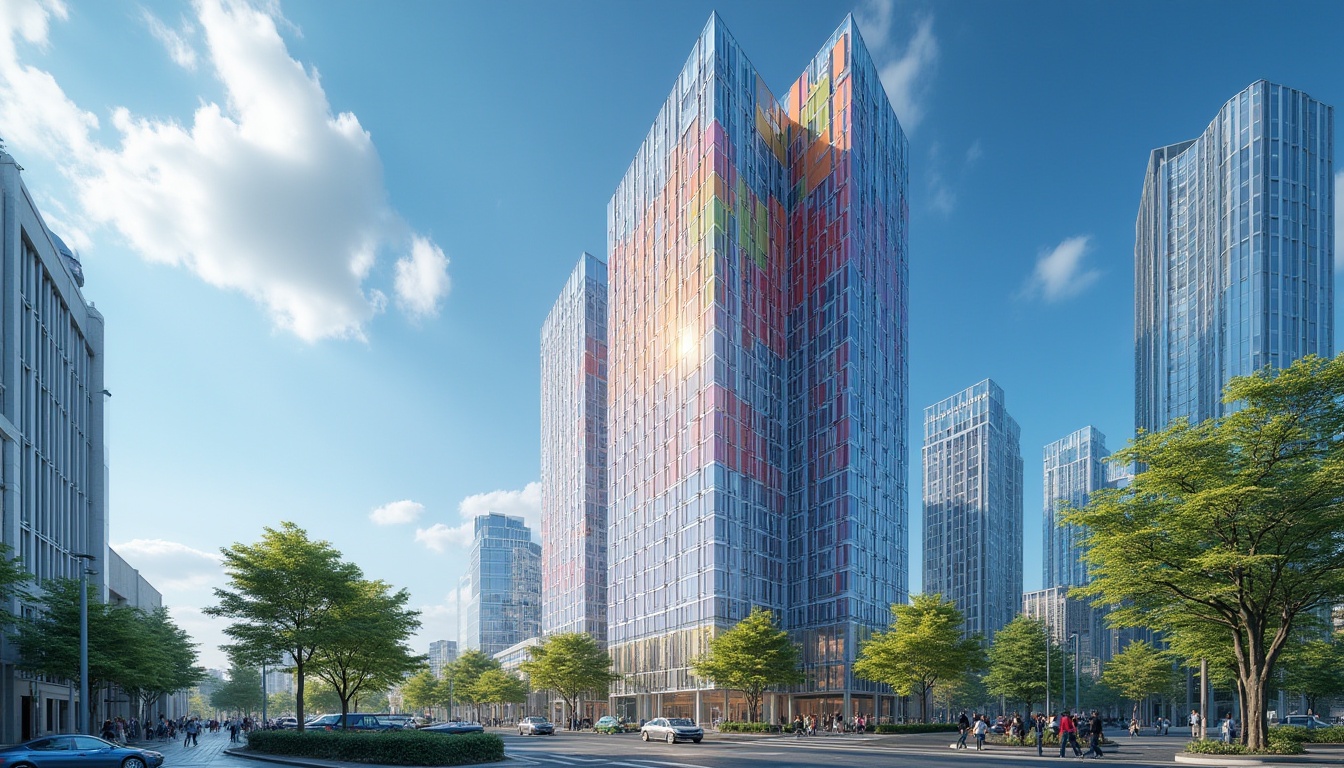 Prompt: Modern skyscraper, vibrant colored glass facade, geometric patterns, reflective surfaces, urban cityscape, daytime, sunny weather, clear blue sky, few white clouds, angular lines, metallic frames, green trees nearby, pedestrians walking by, 1/3 composition, low-angle shot, dramatic lighting, high contrast, futuristic ambiance.