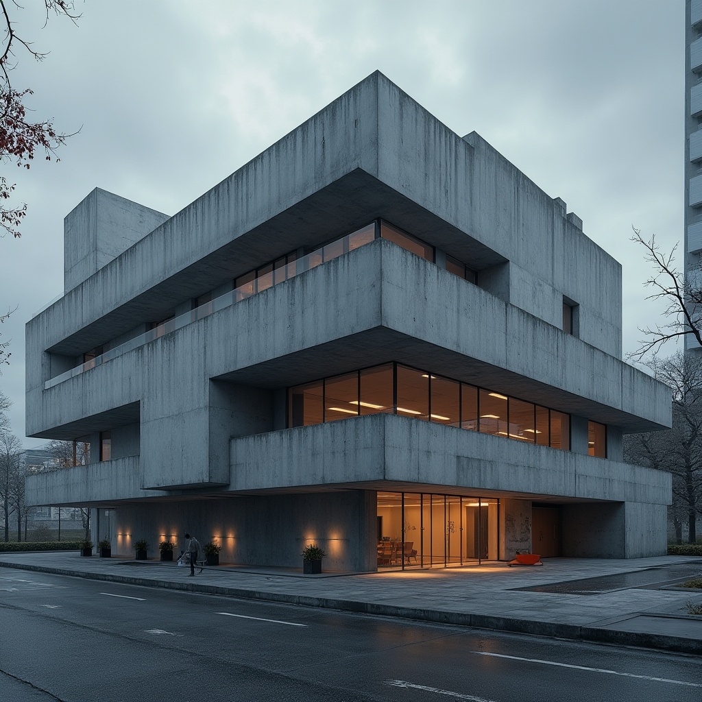 Prompt: Modern concrete building, brutalist architecture, urban cityscape, industrial chic, raw unfinished texture, rugged grey tone, geometric shapes, angular lines, minimalist aesthetic, functional design, futuristic vibe, city lights reflection, dramatic shadows, low-angle shot, cinematic composition, high-contrast lighting.