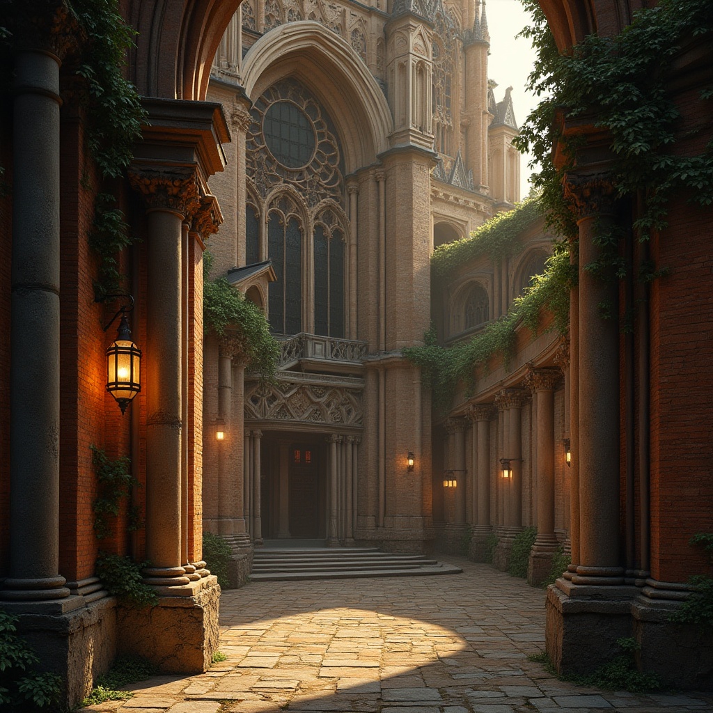 Prompt: Romanesque architecture, grand cathedral, stone walls, rusty brown bricks, ornate carvings, Gothic arches, stained glass windows, intricate mosaics, weathered stone statues, ancient columns, lanterns, ivy-covered facades, mysterious ambiance, warm golden lighting, high-angle shot, symmetrical composition, dramatic shadows.